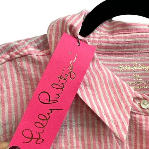 Lilly Pulitzer Pink White Striped Sea View Button Down Long Sleeve Shirt XL NEW - Picture 4 of 7